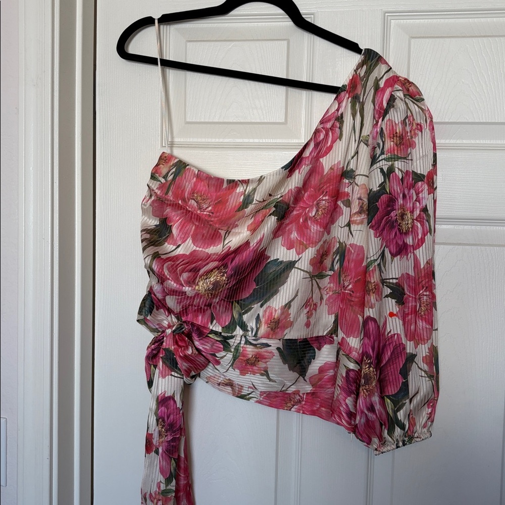 Express Pink and Green Floral One Shoulder Blouse